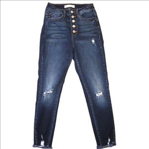 KanCan Karlee Ultra High Rise Dark Wash Distressed Button Fly Skinny Ankle Jean